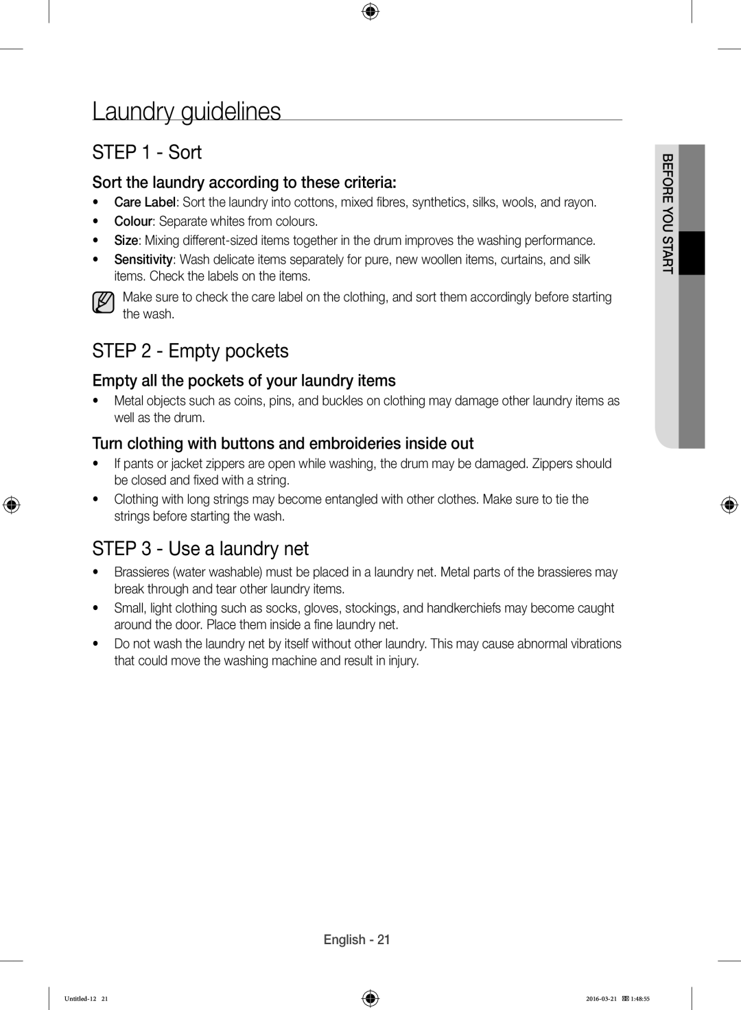 Samsung WD14F5K5ASV/YL manual Laundry guidelines, Sort, Empty pockets, Use a laundry net 