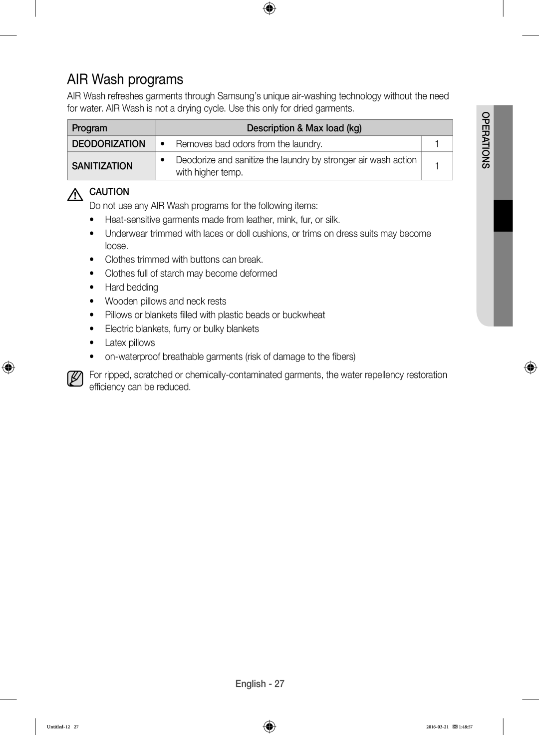 Samsung WD14F5K5ASV/YL manual AIR Wash programs, Sanitization 