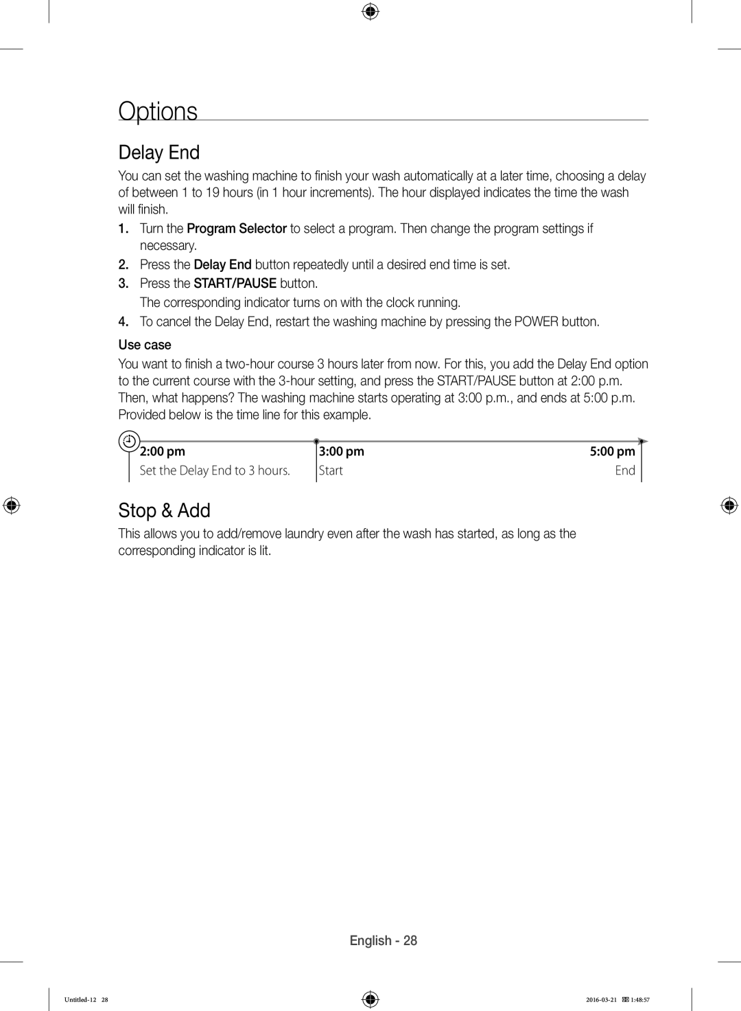 Samsung WD14F5K5ASV/YL manual Options, Delay End, Stop & Add, 200 pm, 300 pm 