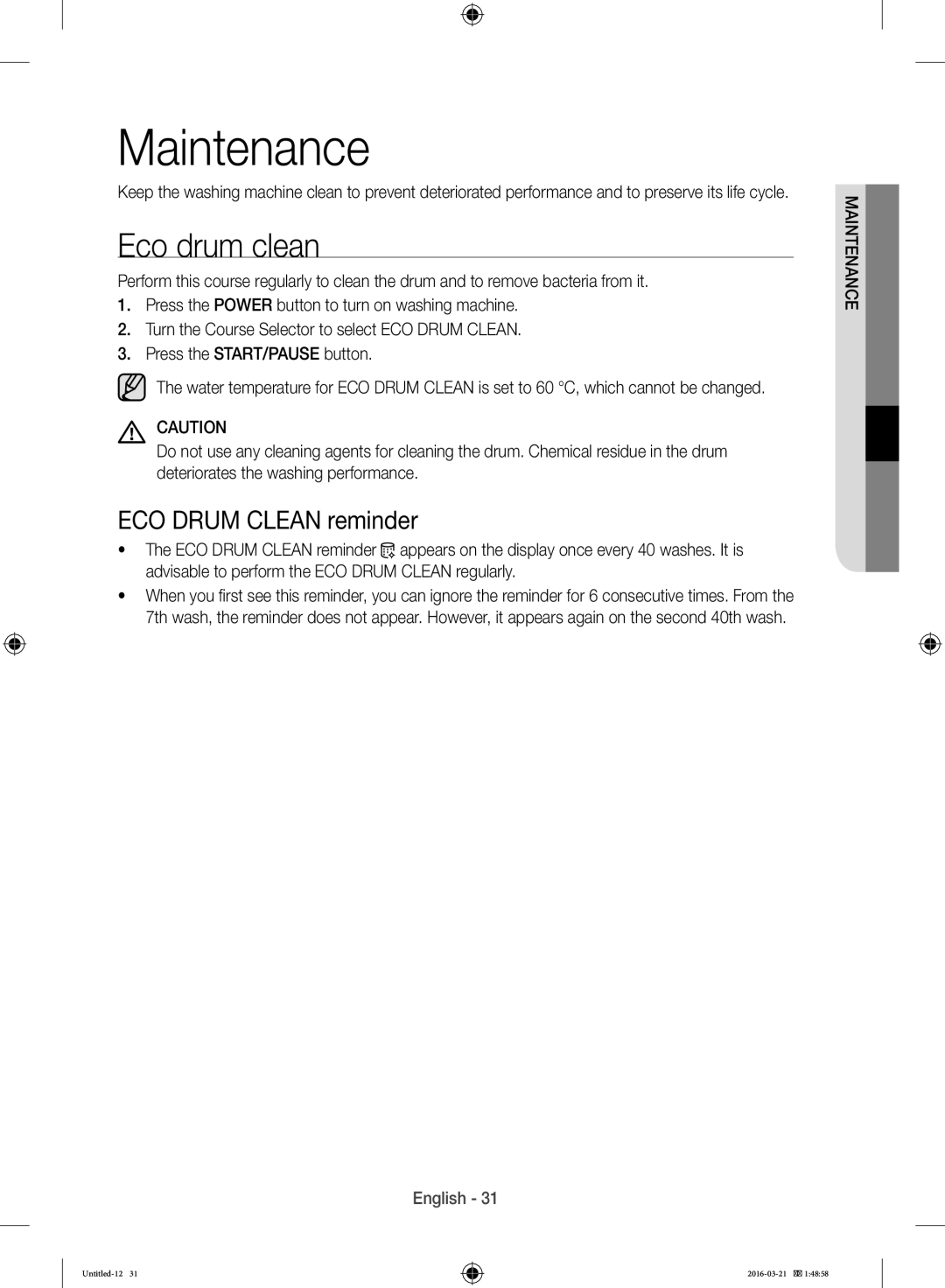 Samsung WD14F5K5ASV/YL manual Eco drum clean, ECO Drum Clean reminder 