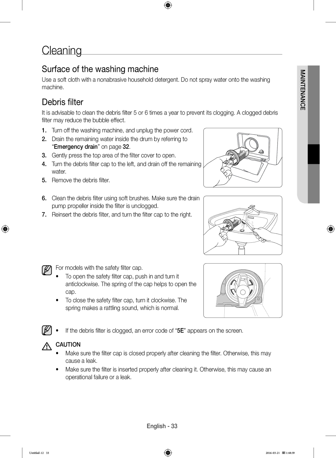 Samsung WD14F5K5ASV/YL manual Cleaning, Surface of the washing machine, Debris filter 