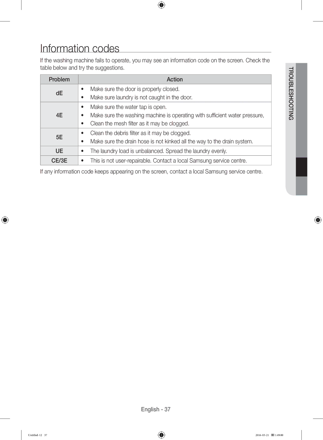 Samsung WD14F5K5ASV/YL manual Information codes 