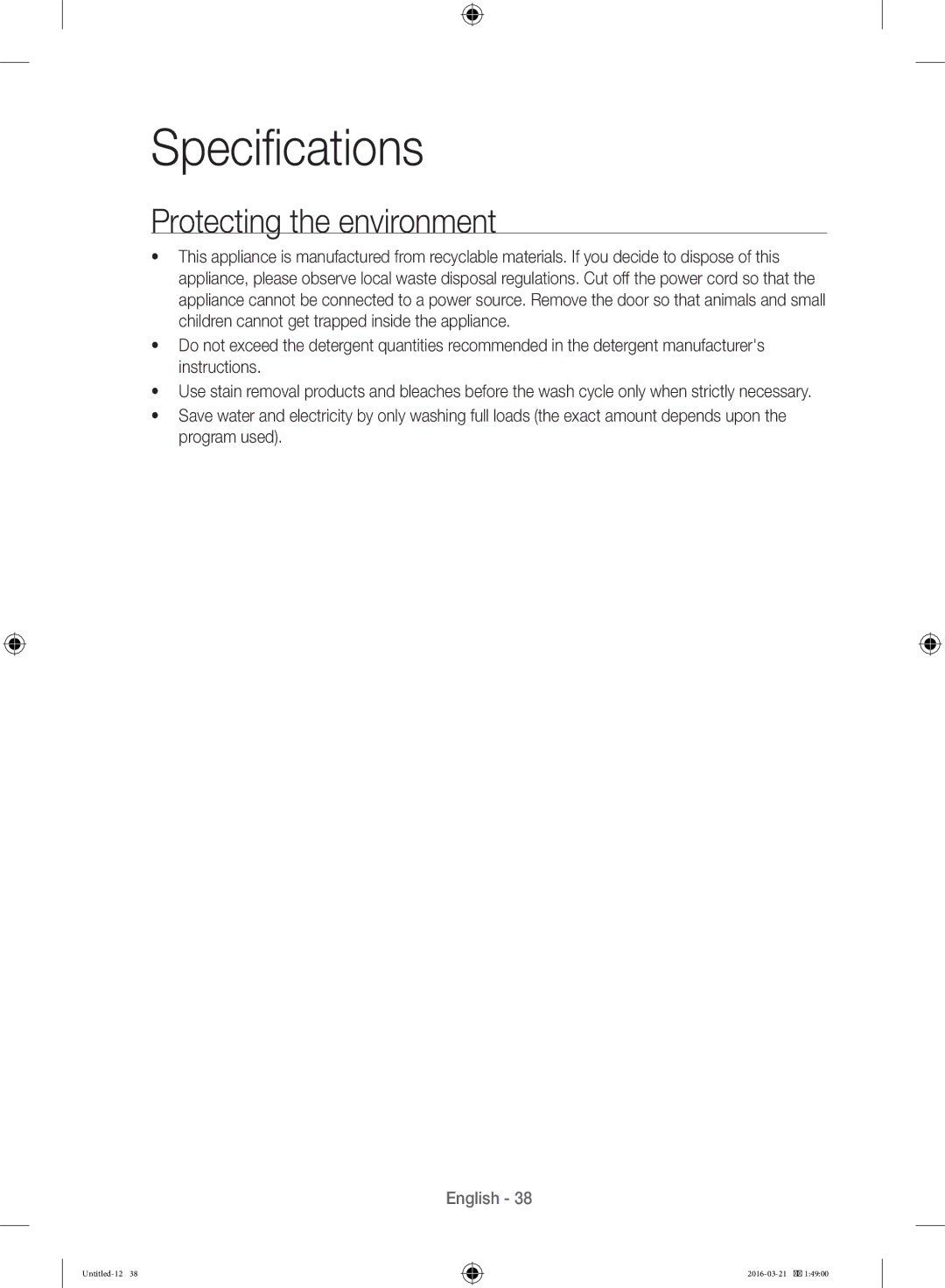 Samsung WD14F5K5ASV/YL manual Specifications, Protecting the environment 