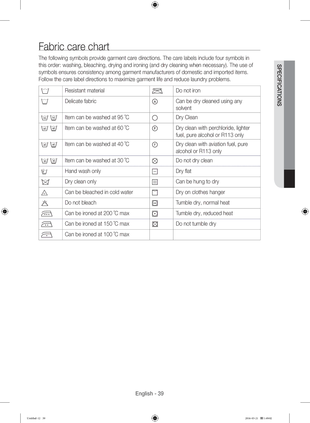 Samsung WD14F5K5ASV/YL manual Fabric care chart 