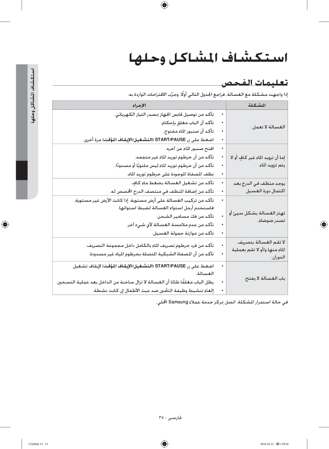 Samsung WD14F5K5ASV/YL manual صحفلا تاميلعت, استكشاف المشاكل وحلها, ءارجلإا ةلكشلما 