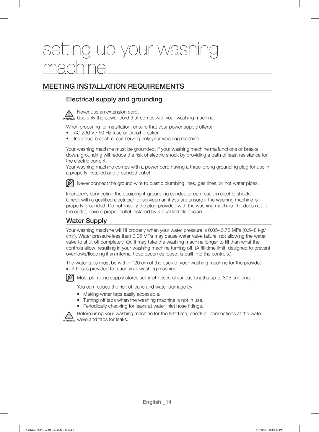 Samsung WD15F7K5AGW/YL, WD15F7K5AGV/YL Meeting Installation Requirements, Electrical supply and grounding, Water Supply 