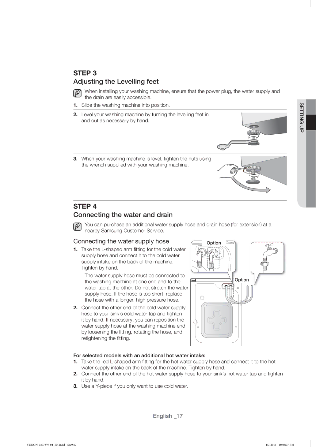 Samsung WD17F7K5ASW/YL, WD15F7K5AGV/YL, WD15F7K5AGW/YL manual Adjusting the Levelling feet, Connecting the water and drain 