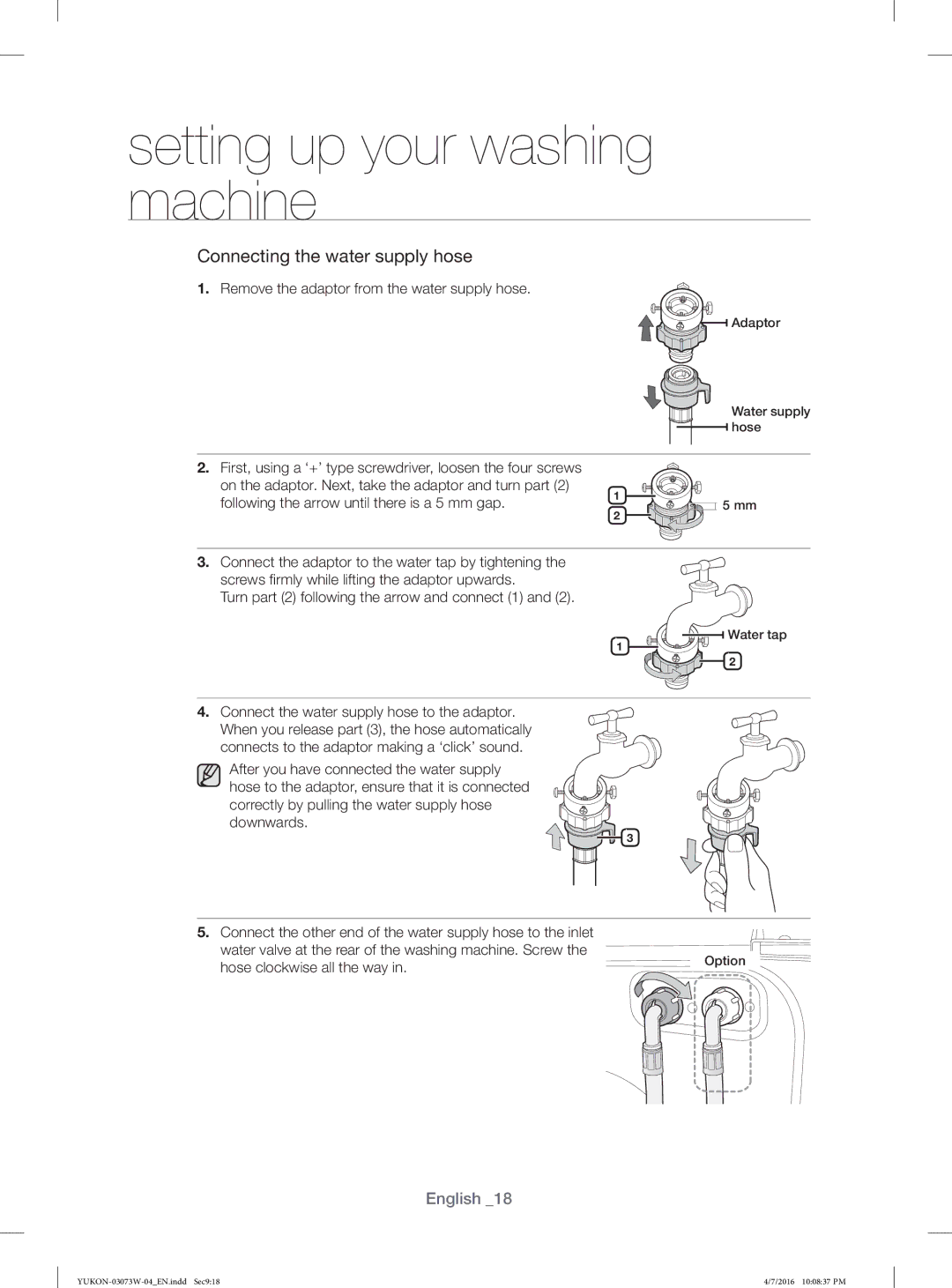 Samsung WD15F7K5AGW/YL manual Remove the adaptor from the water supply hose, Following the arrow until there is a 5 mm gap 