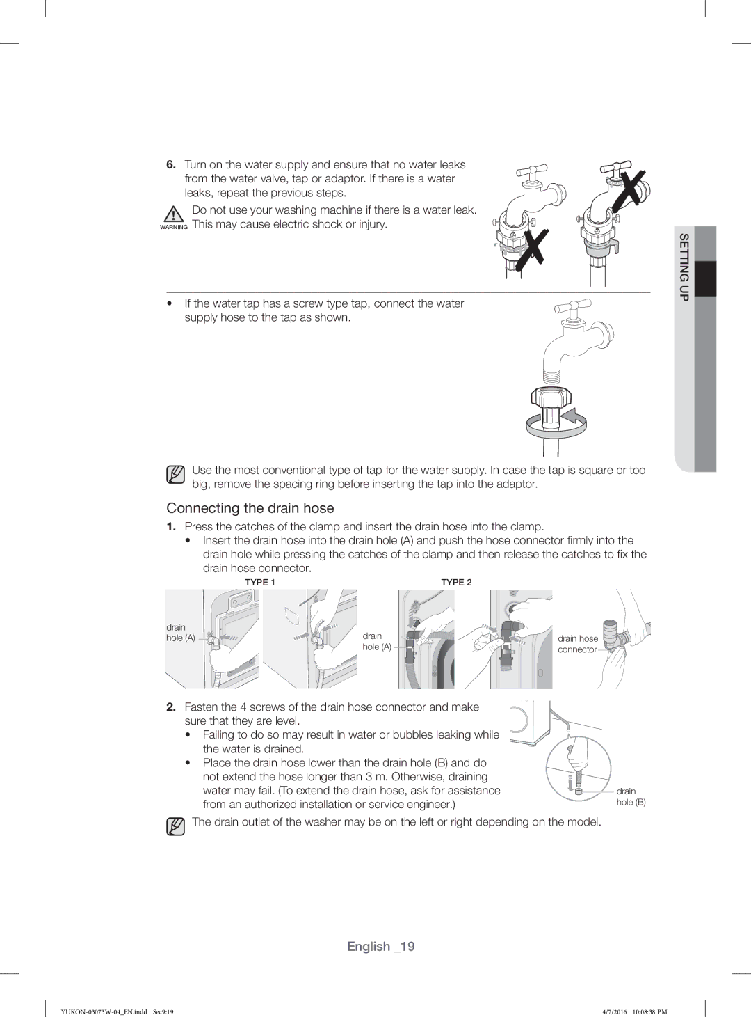 Samsung WD17F7K5ASG/YL, WD15F7K5AGV/YL, WD17F7K5ASW/YL, WD15F7K5AGW/YL manual Connecting the drain hose, Drain hose connector 