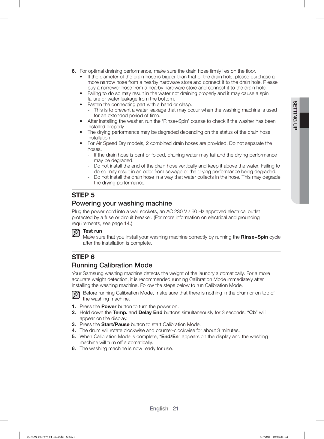 Samsung WD17F7K5ASW/YL, WD15F7K5AGV/YL, WD15F7K5AGW/YL Powering your washing machine, Running Calibration Mode, Test run 