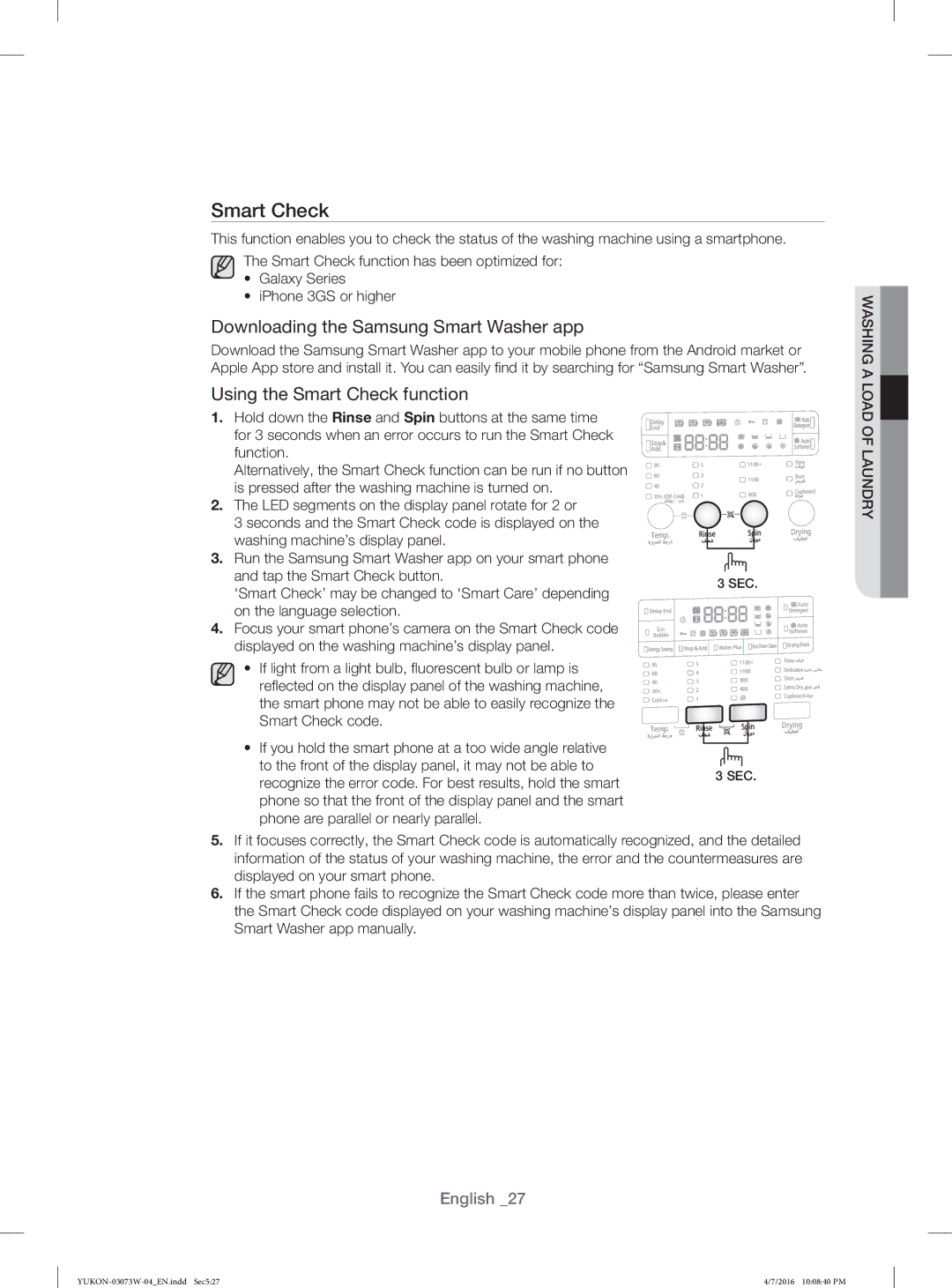 Samsung WD17F7K5ASG/YL, WD15F7K5AGV/YL, WD17F7K5ASW/YL manual ‘Smart Check’ may be changed to ‘Smart Care’ depending 