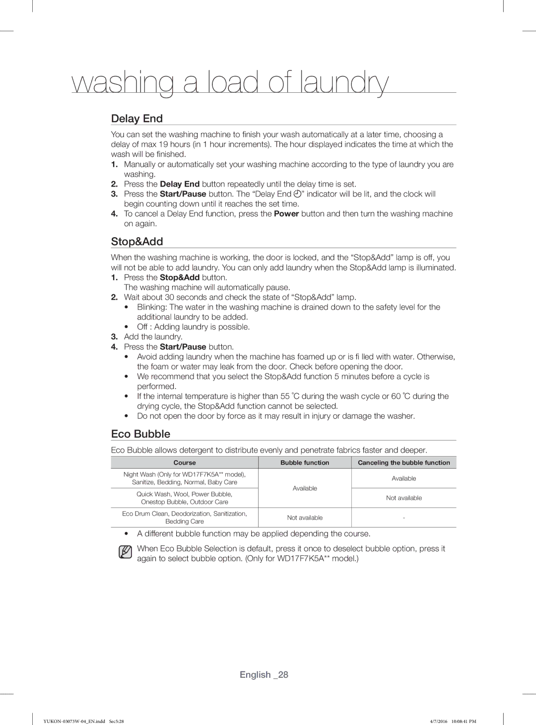 Samsung WD15F7K5AGV/YL, WD17F7K5ASW/YL, WD15F7K5AGW/YL, WD17F7K5ASG/YL manual Delay End, Stop&Add, Eco Bubble 
