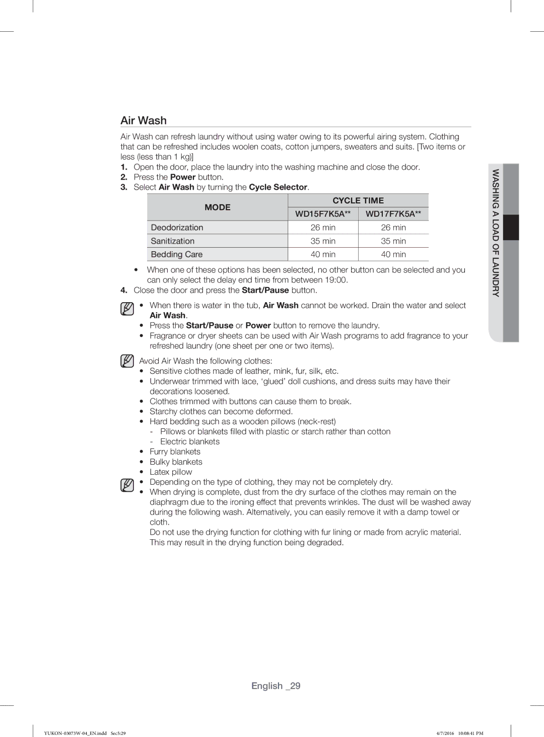 Samsung WD17F7K5ASW/YL, WD15F7K5AGV/YL, WD15F7K5AGW/YL, WD17F7K5ASG/YL manual Air Wash, Sanitization 