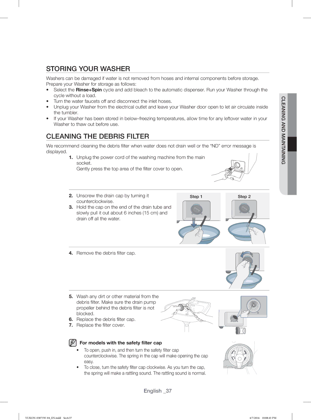 Samsung WD17F7K5ASW/YL manual Storing Your Washer, Cleaning the Debris Filter, For models with the safety ﬁlter cap 