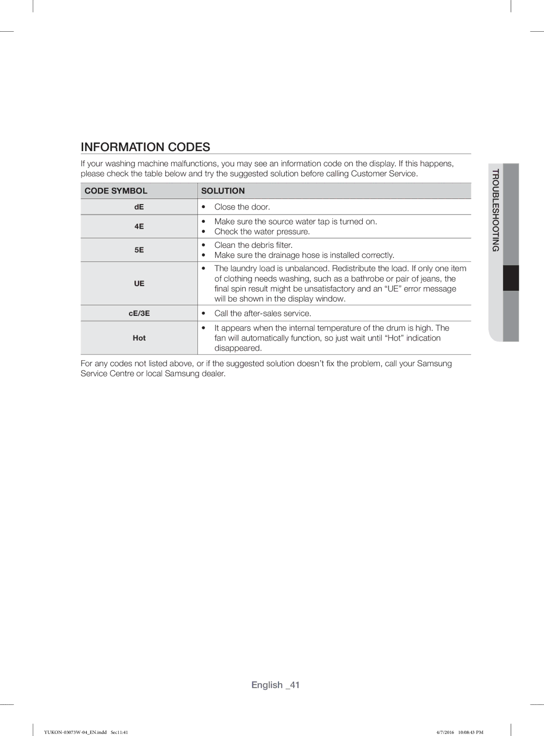 Samsung WD17F7K5ASW/YL, WD15F7K5AGV/YL, WD15F7K5AGW/YL, WD17F7K5ASG/YL manual Information Codes 