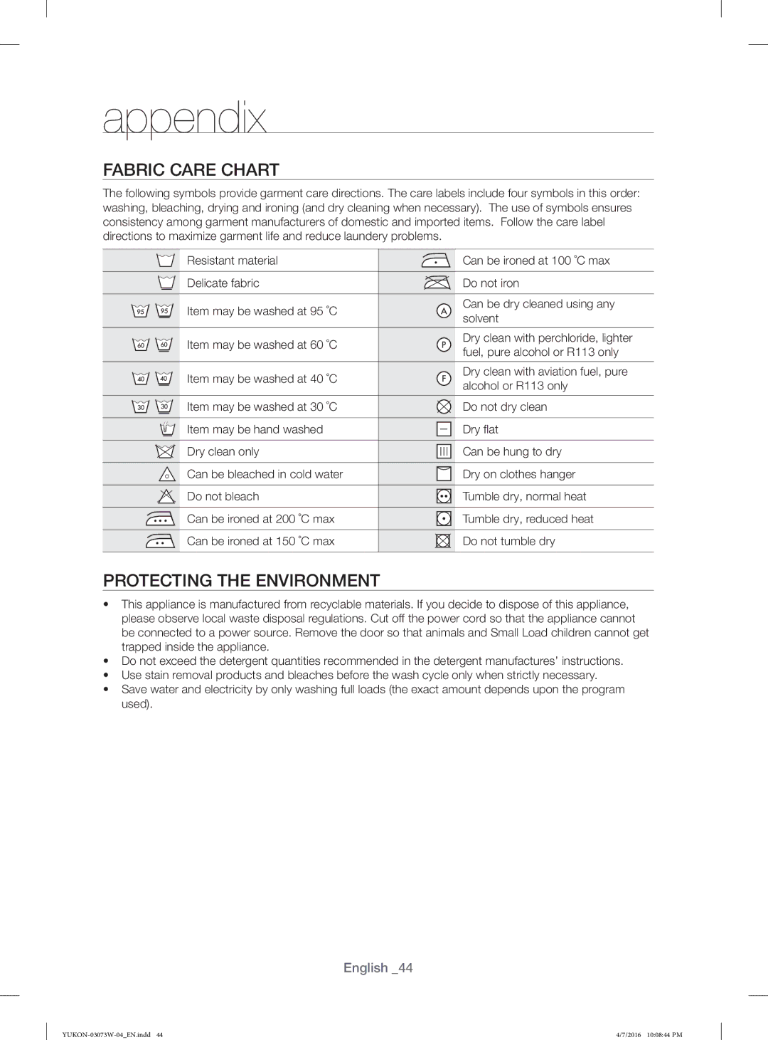 Samsung WD15F7K5AGV/YL, WD17F7K5ASW/YL, WD15F7K5AGW/YL, WD17F7K5ASG/YL manual Fabric Care Chart, Protecting the Environment 