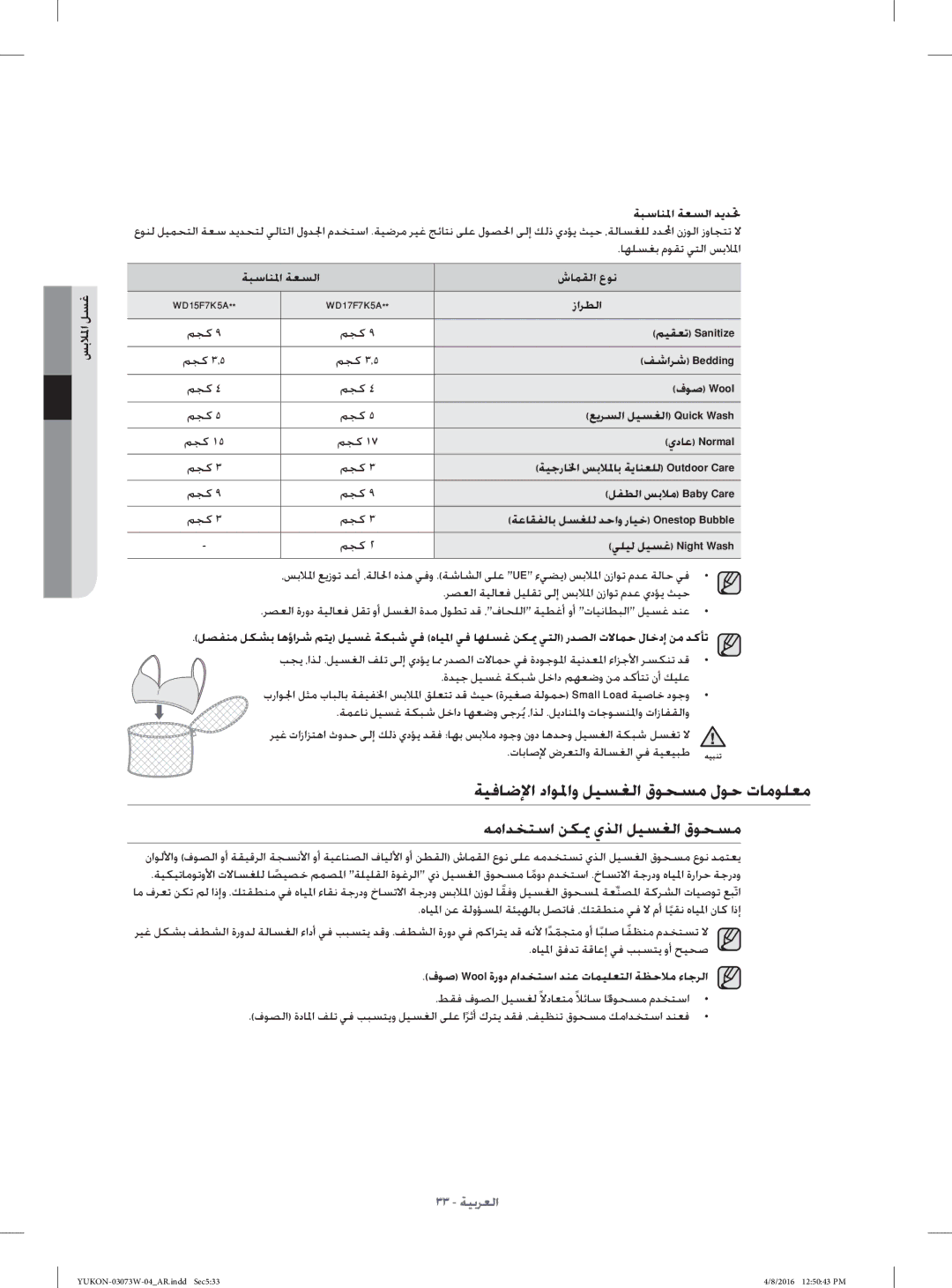 Samsung WD17F7K5ASW/YL, WD15F7K5AGV/YL manual ﺔﻴﻓﺎﺿﻹا داﻮﳌاو ﻞﻴﺴﻐﻟا قﻮﺤﺴﻣ لﻮﺣ تﺎﻣﻮﻠﻌﻣ, ﻪﻣاﺪﺨﺘﺳا ﻦﻜﳝ يﺬﻟا ﻞﻴﺴﻐﻟا قﻮﺤﺴﻣ 