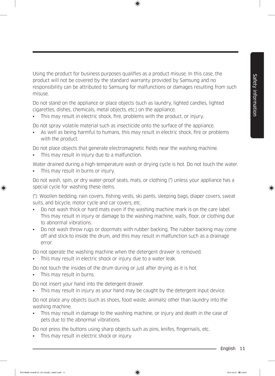 Samsung WD16J7200KS/YL, WD16J7200KW/YL manual Safety information 