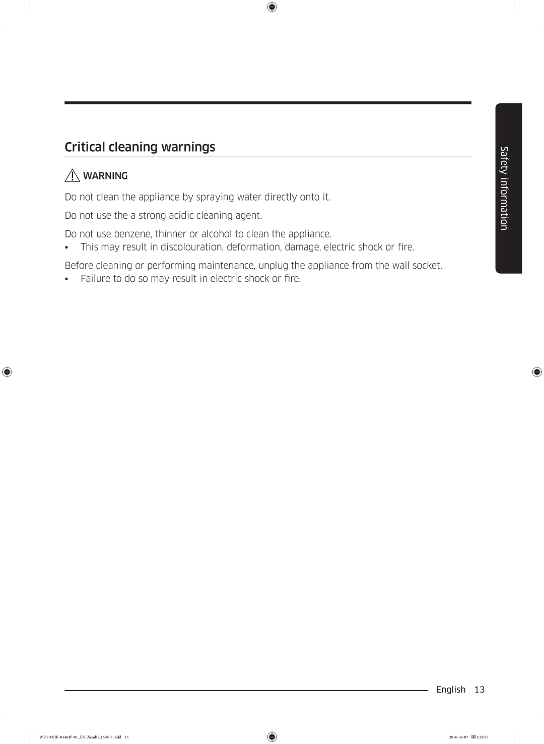 Samsung WD16J7200KS/YL, WD16J7200KW/YL manual Critical cleaning warnings 