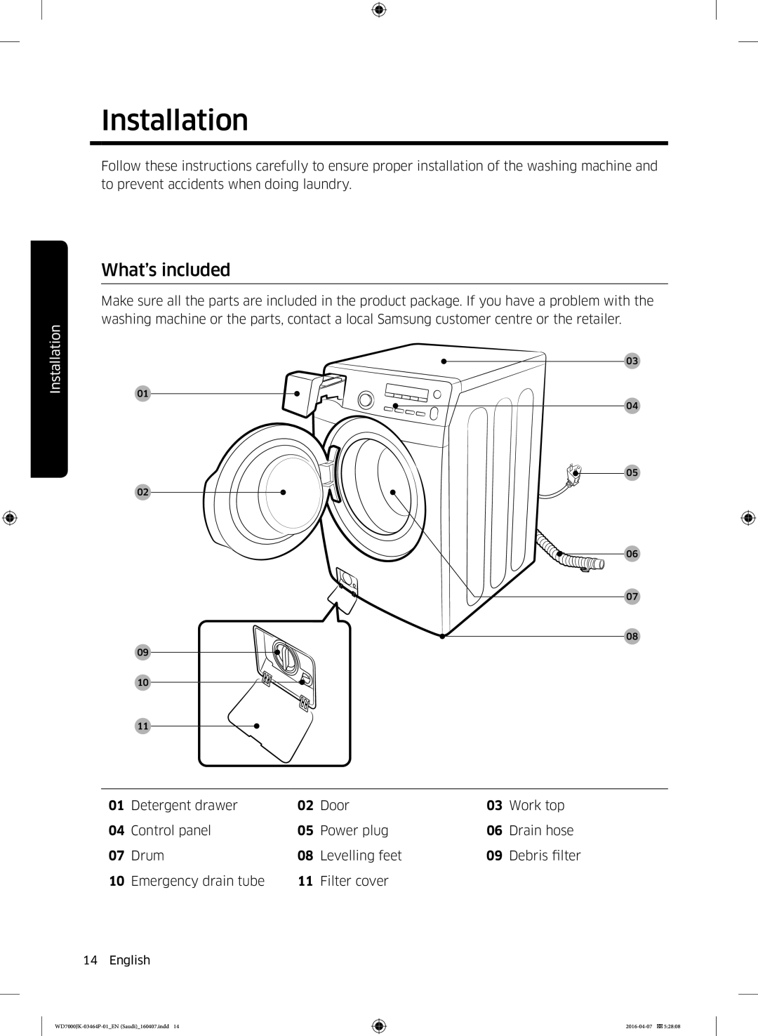 Samsung WD16J7200KW/YL, WD16J7200KS/YL manual Installation, What’s included 