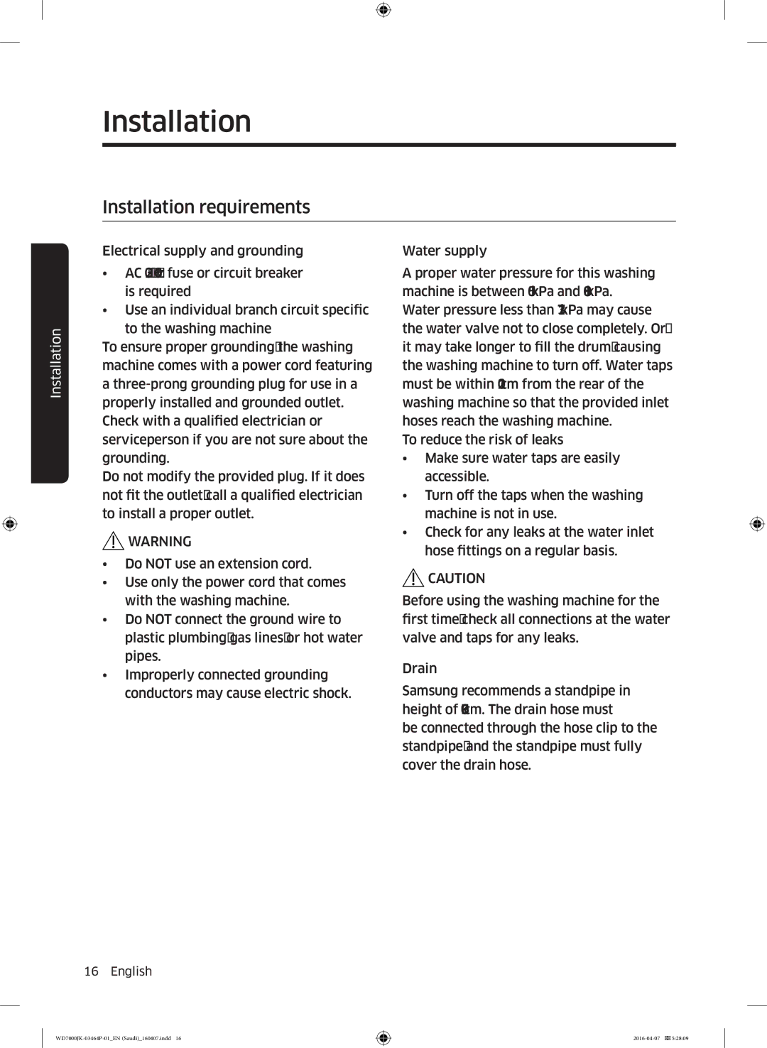 Samsung WD16J7200KW/YL, WD16J7200KS/YL manual Installation requirements 