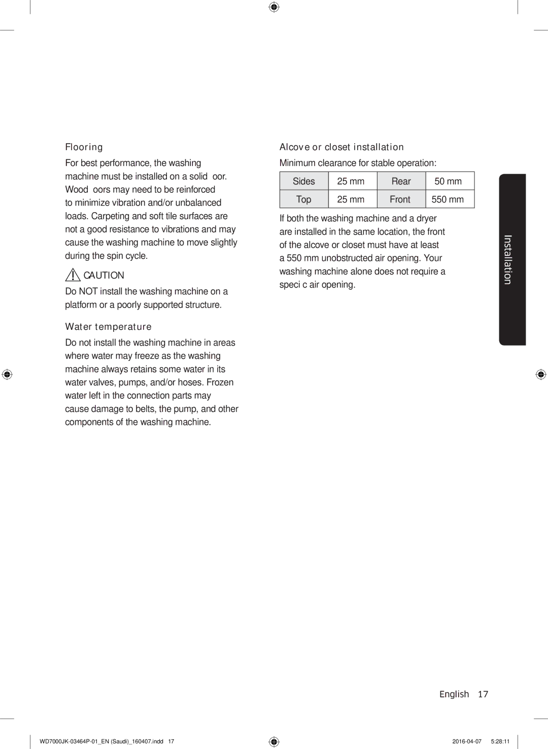 Samsung WD16J7200KS/YL, WD16J7200KW/YL manual Installation 