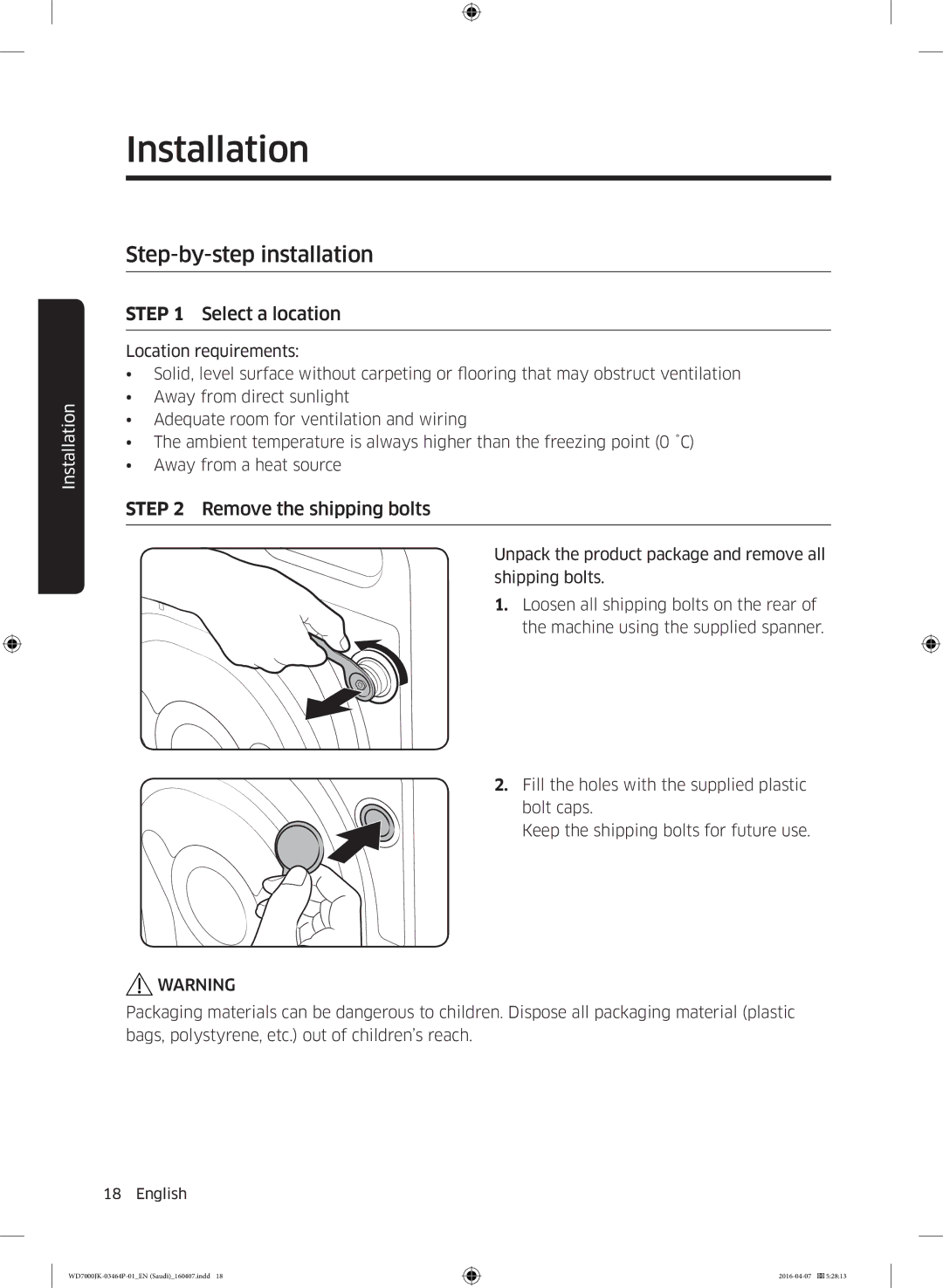 Samsung WD16J7200KW/YL, WD16J7200KS/YL manual Step-by-step installation, Select a location 