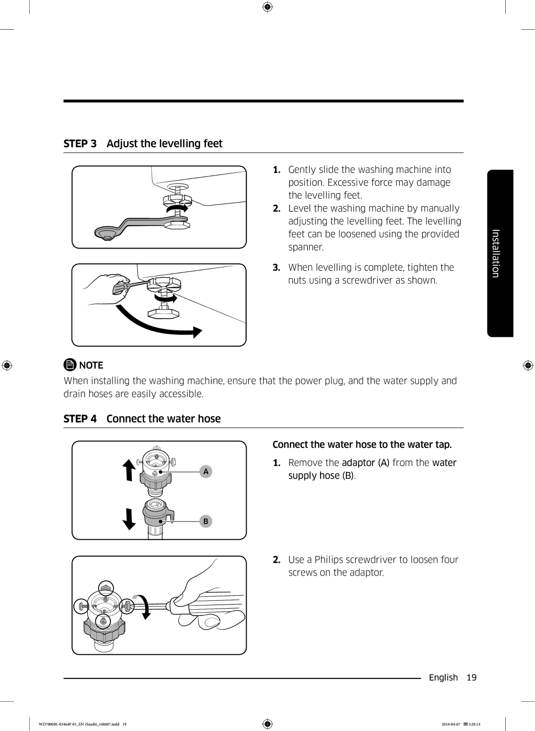 Samsung WD16J7200KS/YL, WD16J7200KW/YL manual Adjust the levelling feet 