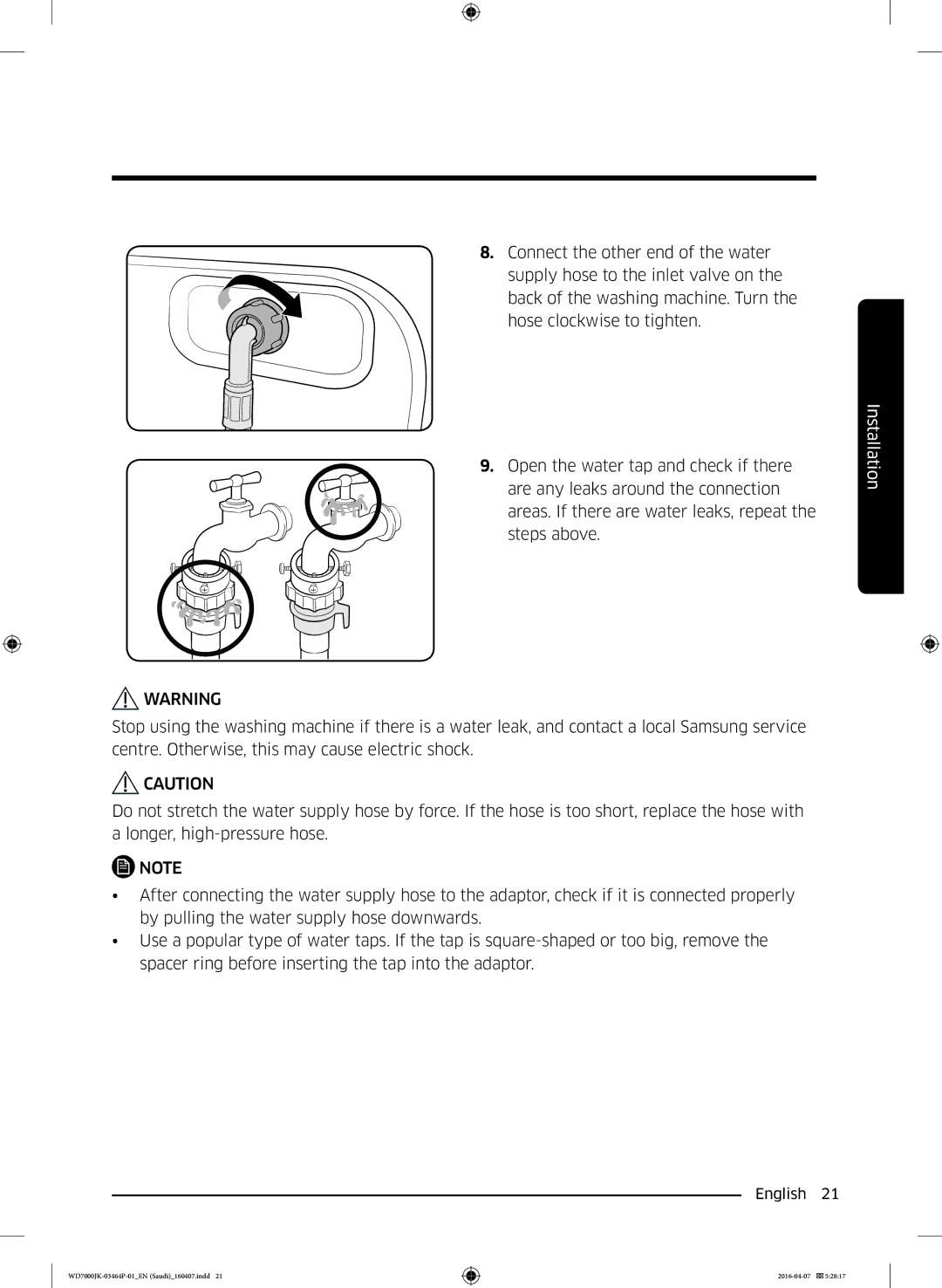 Samsung WD16J7200KS/YL, WD16J7200KW/YL manual Installation 