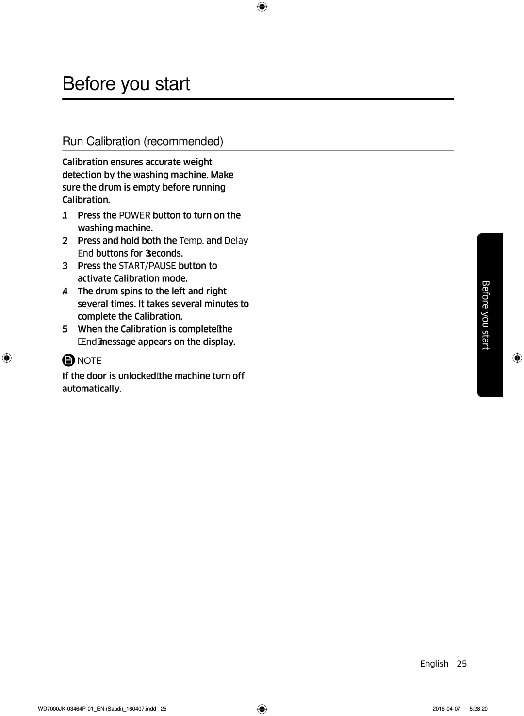 Samsung WD16J7200KS/YL, WD16J7200KW/YL manual Before you start, Run Calibration recommended 