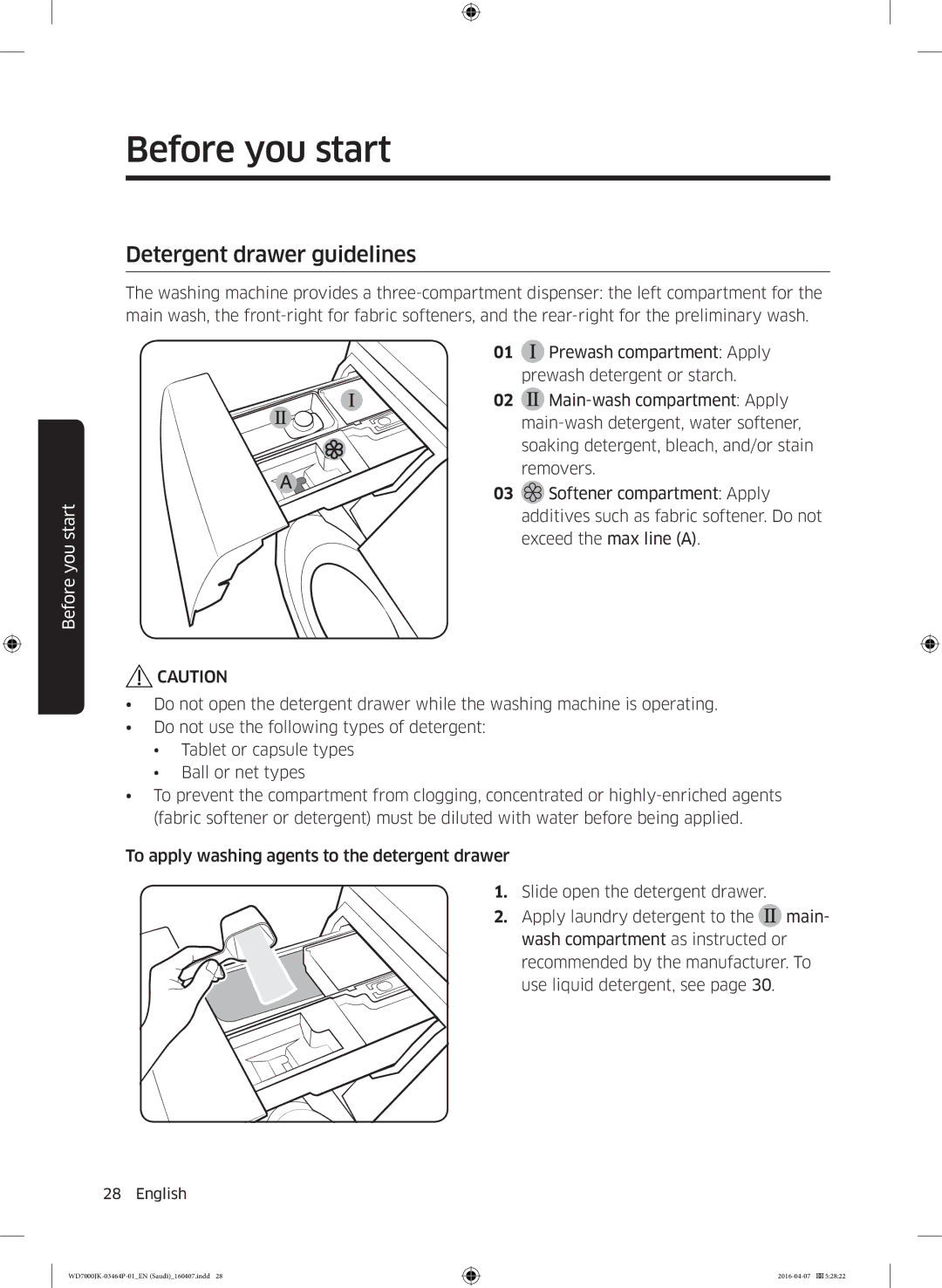 Samsung WD16J7200KW/YL, WD16J7200KS/YL manual Detergent drawer guidelines 