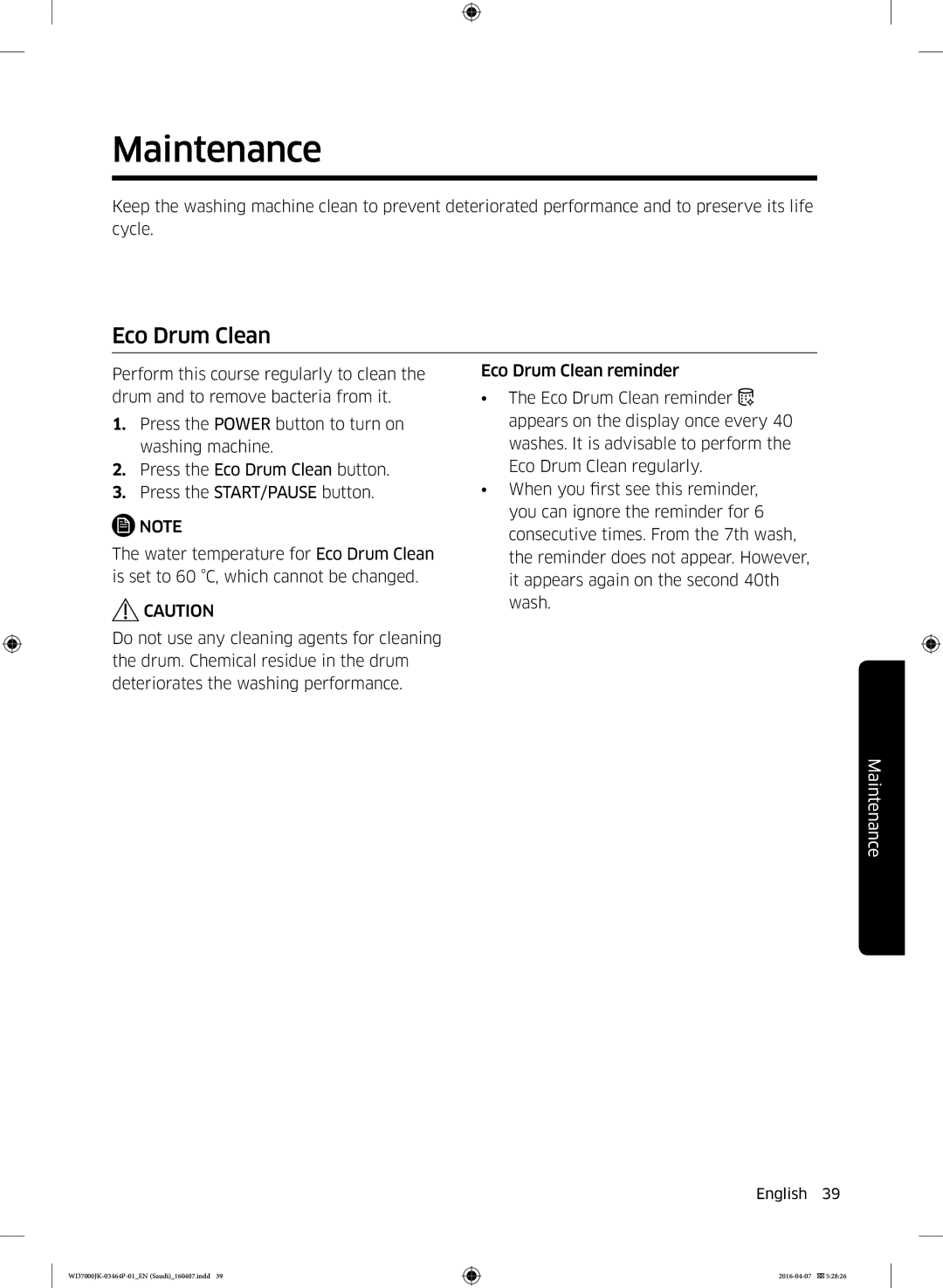 Samsung WD16J7200KS/YL, WD16J7200KW/YL manual Maintenance, Eco Drum Clean 