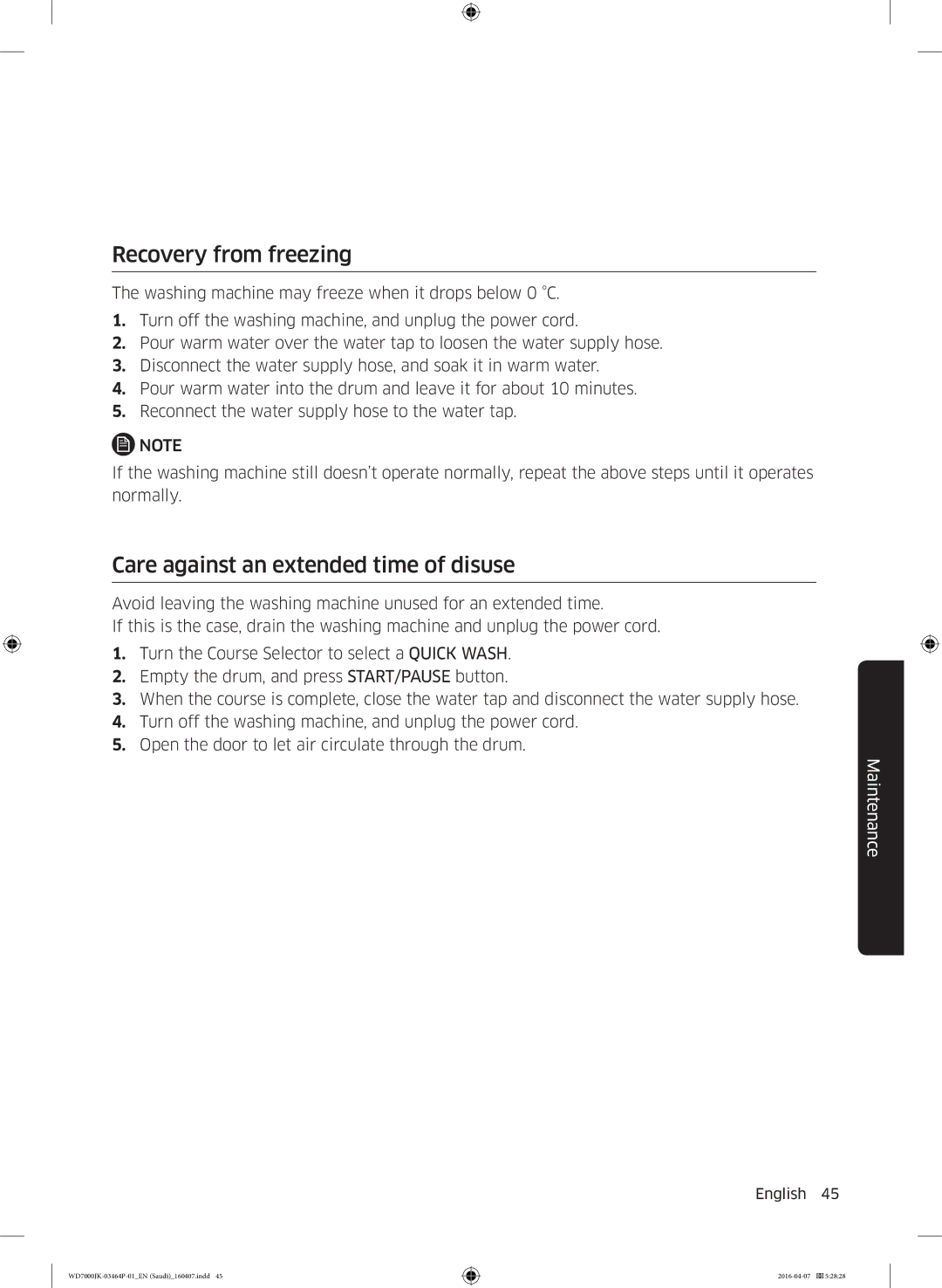 Samsung WD16J7200KS/YL, WD16J7200KW/YL manual Recovery from freezing, Care against an extended time of disuse 