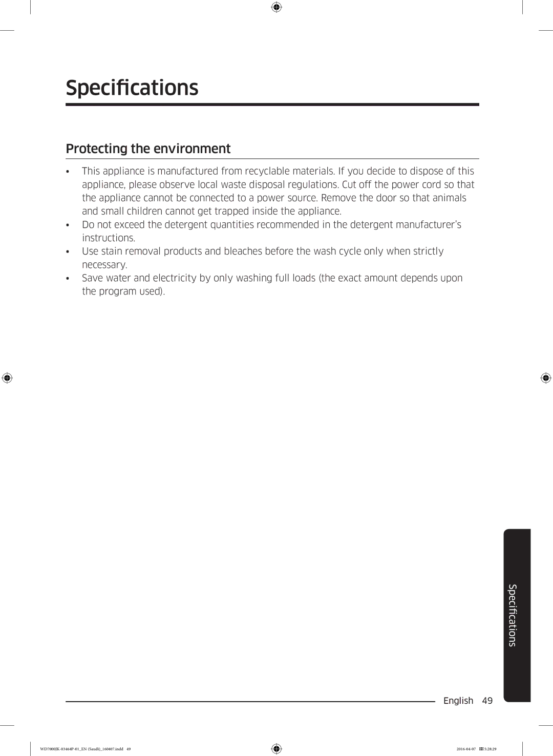 Samsung WD16J7200KS/YL, WD16J7200KW/YL manual Specifications, Protecting the environment 