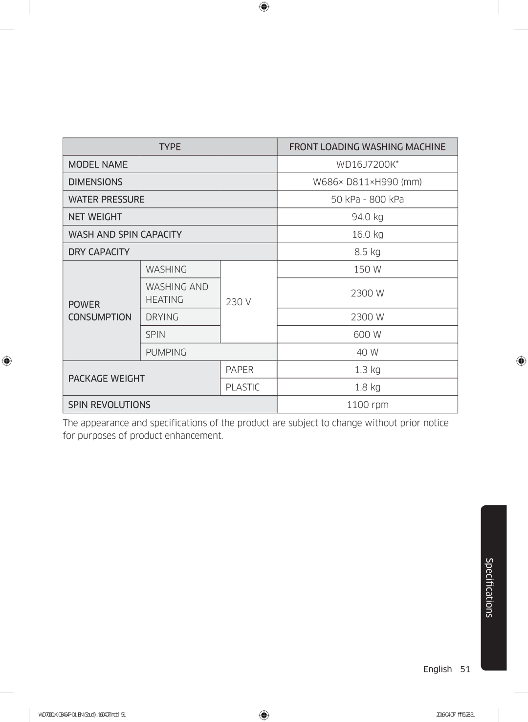 Samsung WD16J7200KS/YL, WD16J7200KW/YL manual Type Front Loading Washing Machine Model Name 