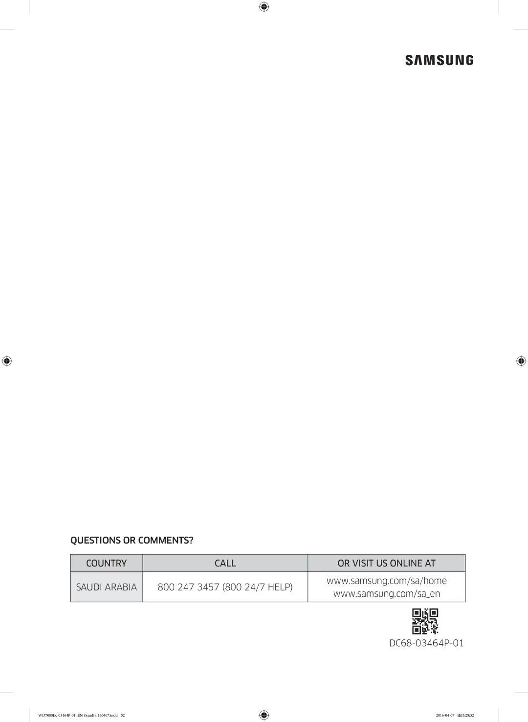 Samsung WD16J7200KW/YL, WD16J7200KS/YL manual Questions or COMMENTS? Country Call Or Visit US Online AT 