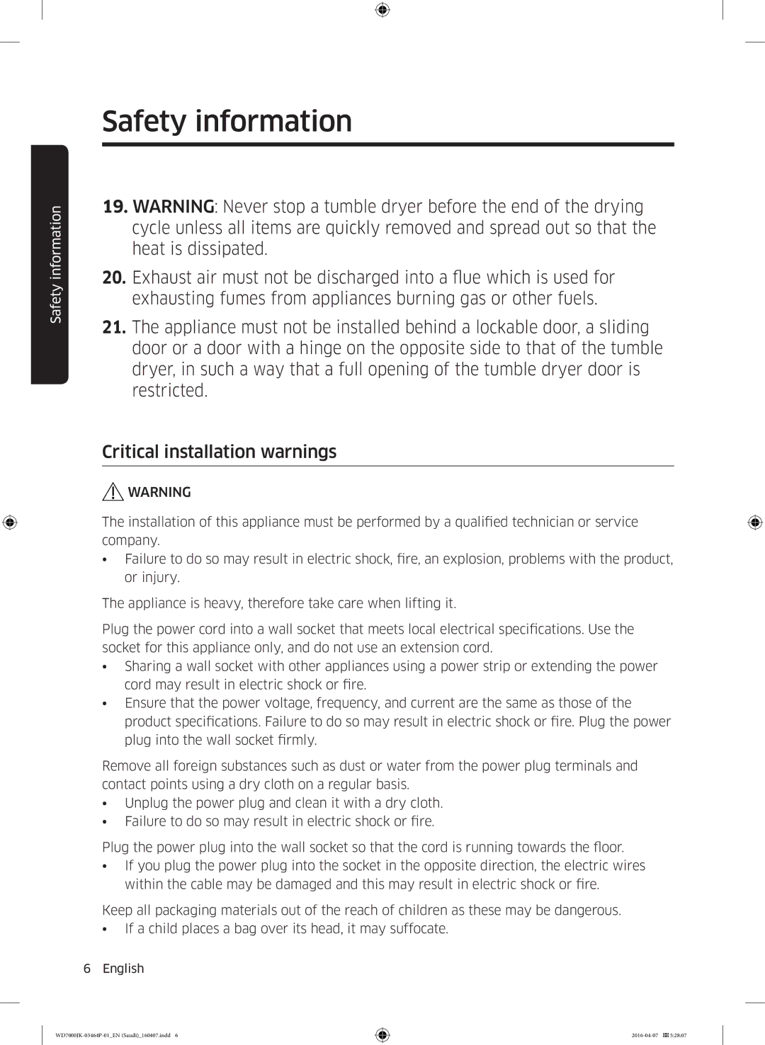 Samsung WD16J7200KW/YL, WD16J7200KS/YL manual Safety information 