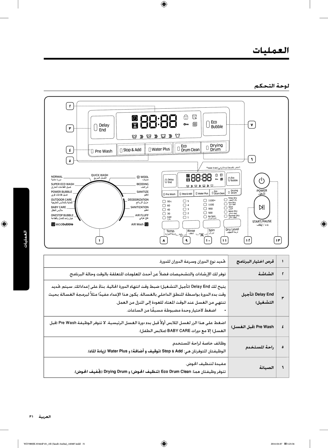 Samsung WD16J7200KS/YL, WD16J7200KW/YL manual تايلمعلا, مكحتلا ةحول, ةشاشلا ليجأت Delay End ليغشتلا, مدختسلما ةحار ةنايصلا 