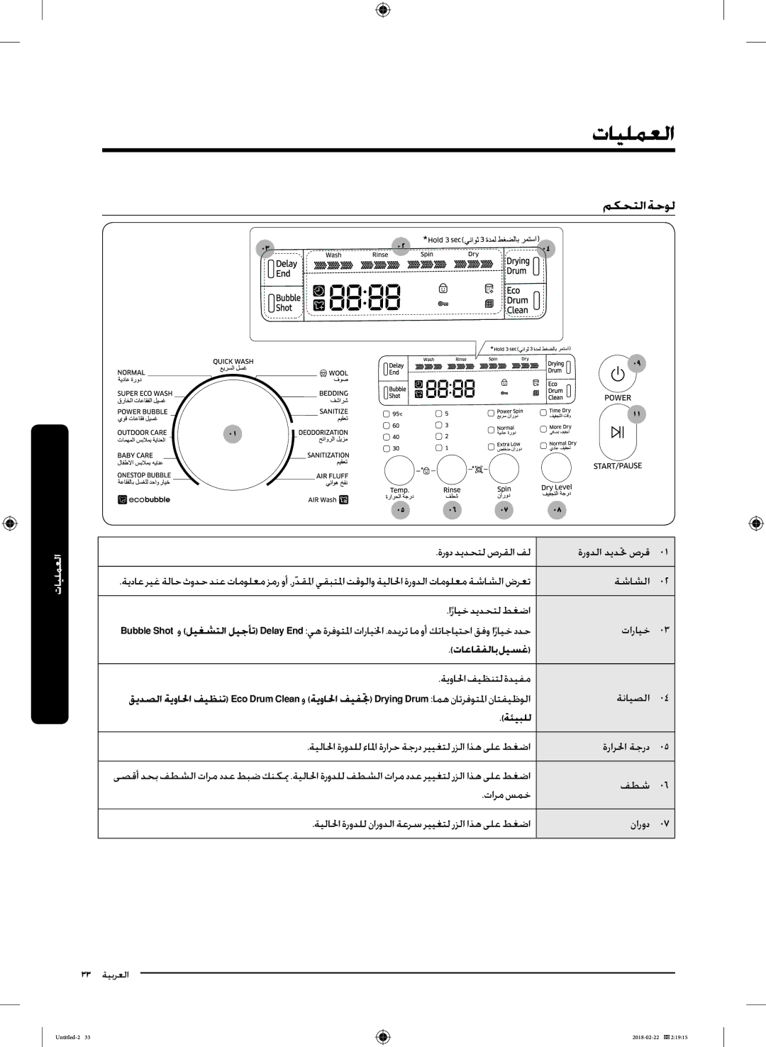 Samsung WD16J7800KS/YL, WD16J7800KW/YL manual تايلمعلا, مكحتلا ةحول, تاعاقفلاب ليسغ, ةئيبلل 