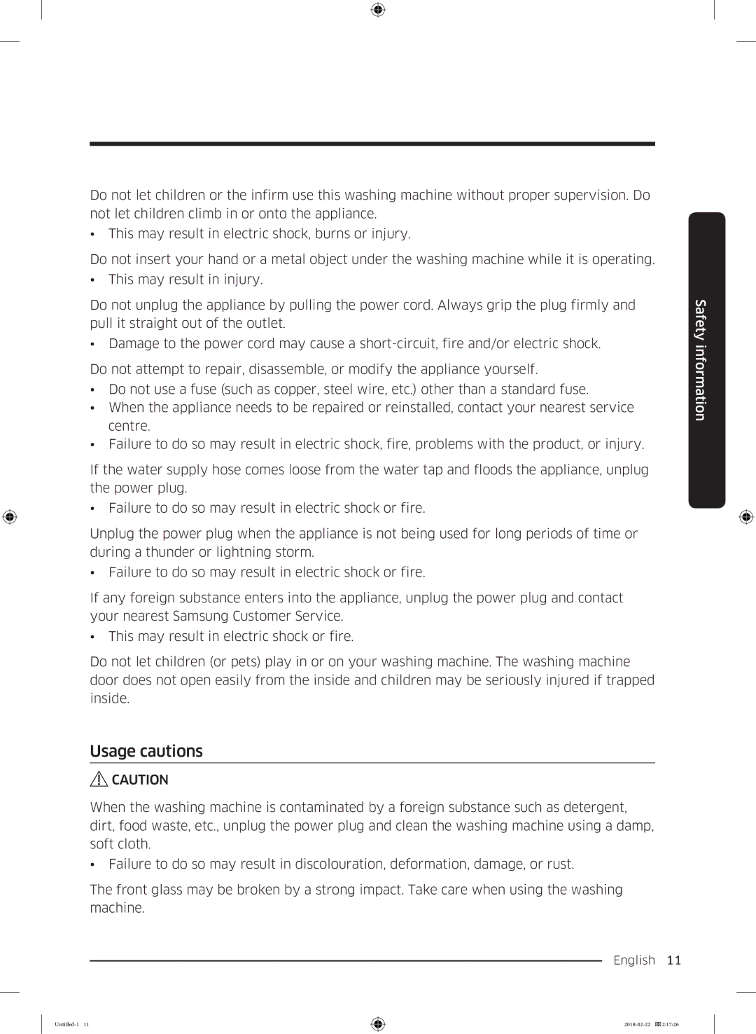 Samsung WD16J7800KS/YL, WD16J7800KW/YL manual Usage cautions 