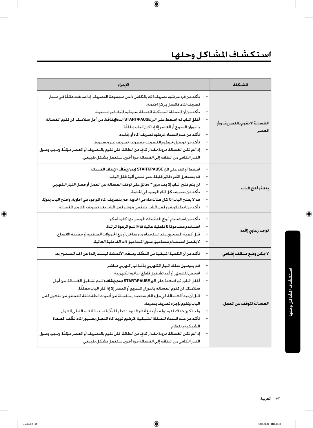 Samsung WD16J7800KW/YL, WD16J7800KS/YL manual استكشاف المشاكل وحلها 