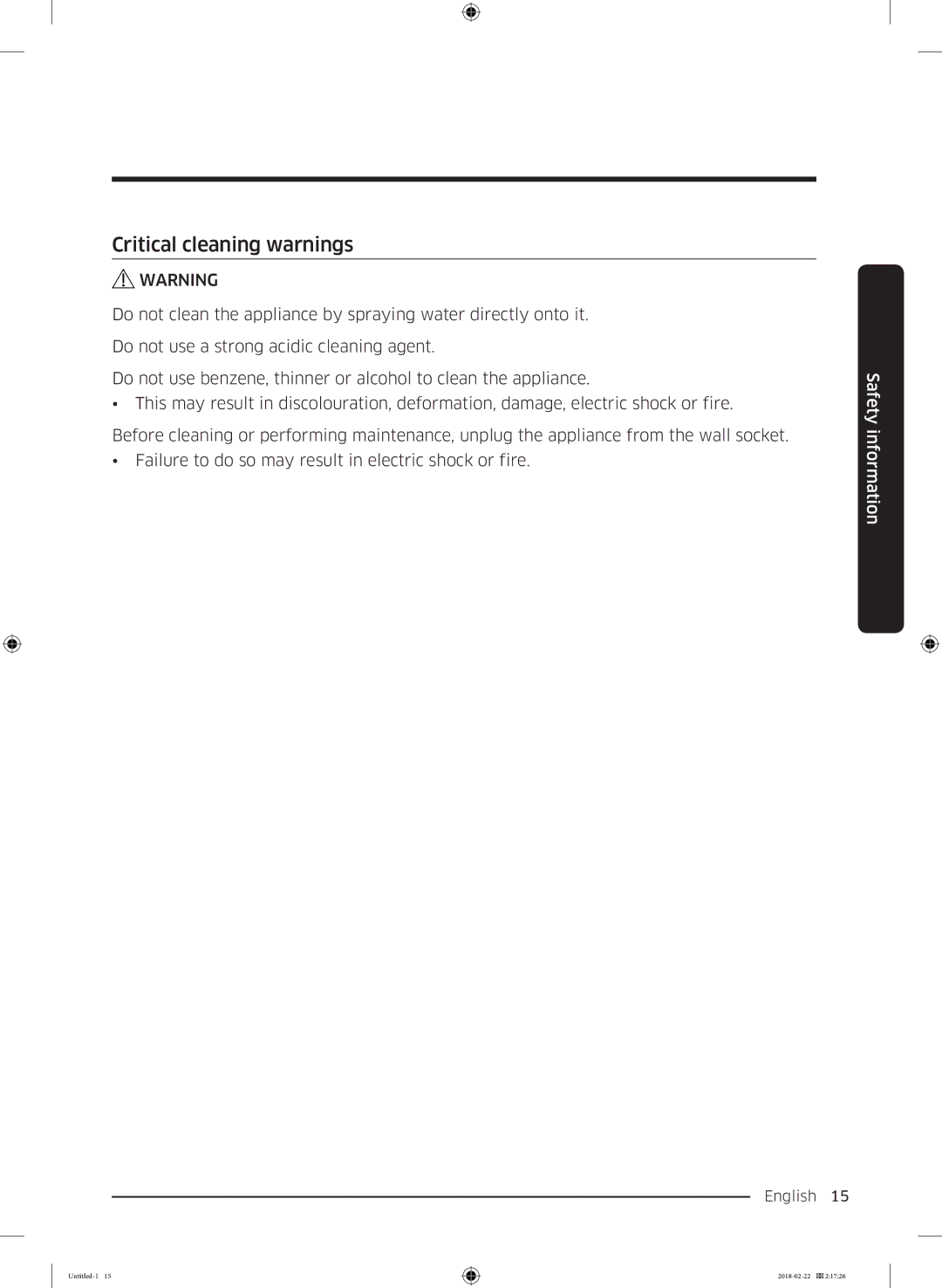 Samsung WD16J7800KS/YL, WD16J7800KW/YL manual Critical cleaning warnings 