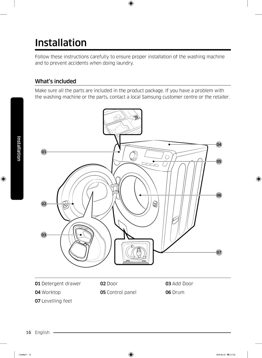 Samsung WD16J7800KW/YL, WD16J7800KS/YL manual Installation, What’s included 