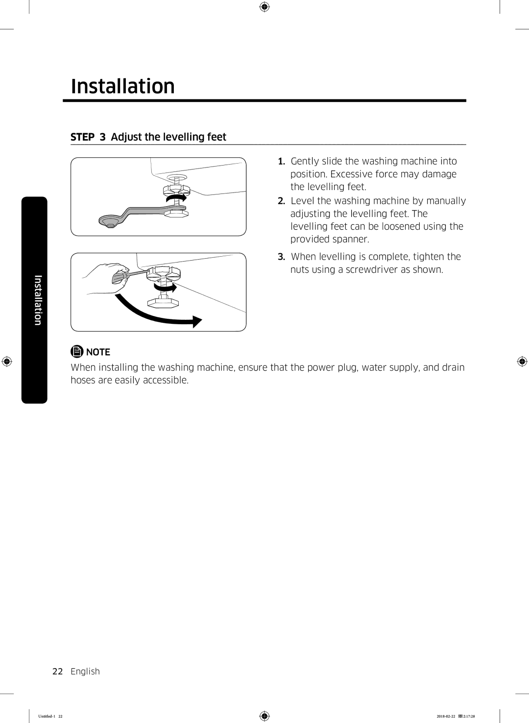 Samsung WD16J7800KW/YL, WD16J7800KS/YL manual Adjust the levelling feet 