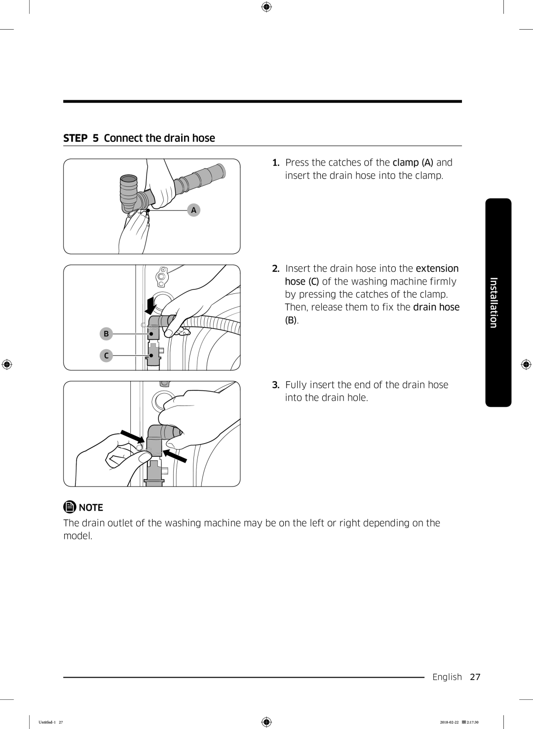 Samsung WD16J7800KS/YL, WD16J7800KW/YL manual Connect the drain hose 