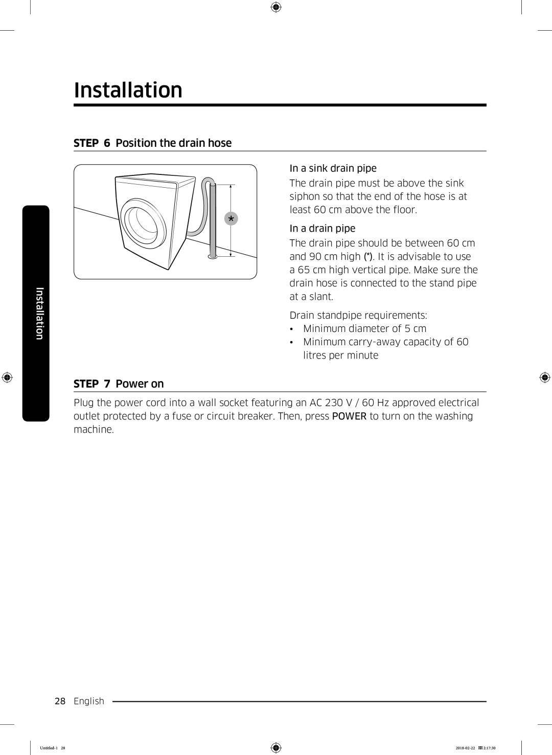 Samsung WD16J7800KW/YL, WD16J7800KS/YL manual Position the drain hose, Power on 