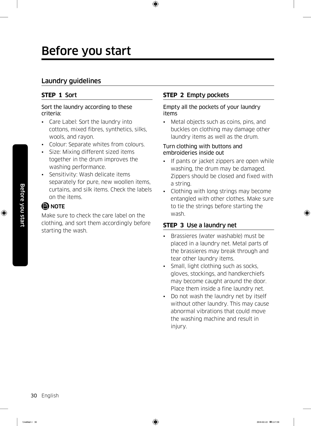 Samsung WD16J7800KW/YL, WD16J7800KS/YL manual Laundry guidelines, Sort, Empty pockets, Use a laundry net 