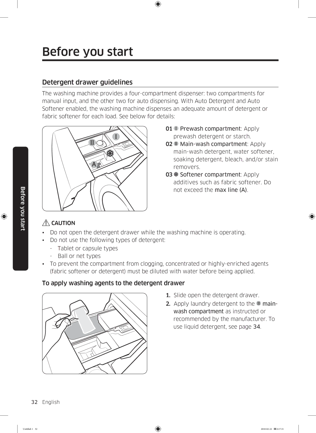 Samsung WD16J7800KW/YL, WD16J7800KS/YL manual Detergent drawer guidelines, To apply washing agents to the detergent drawer 