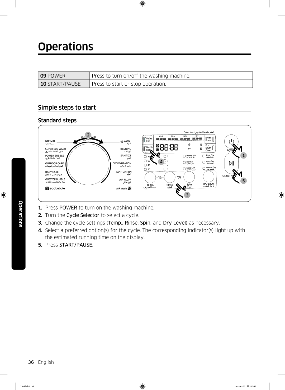 Samsung WD16J7800KW/YL, WD16J7800KS/YL manual Simple steps to start, Standard steps 