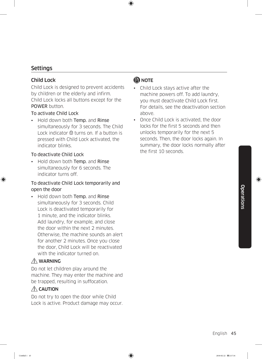 Samsung WD16J7800KS/YL, WD16J7800KW/YL manual Settings, Child Lock 